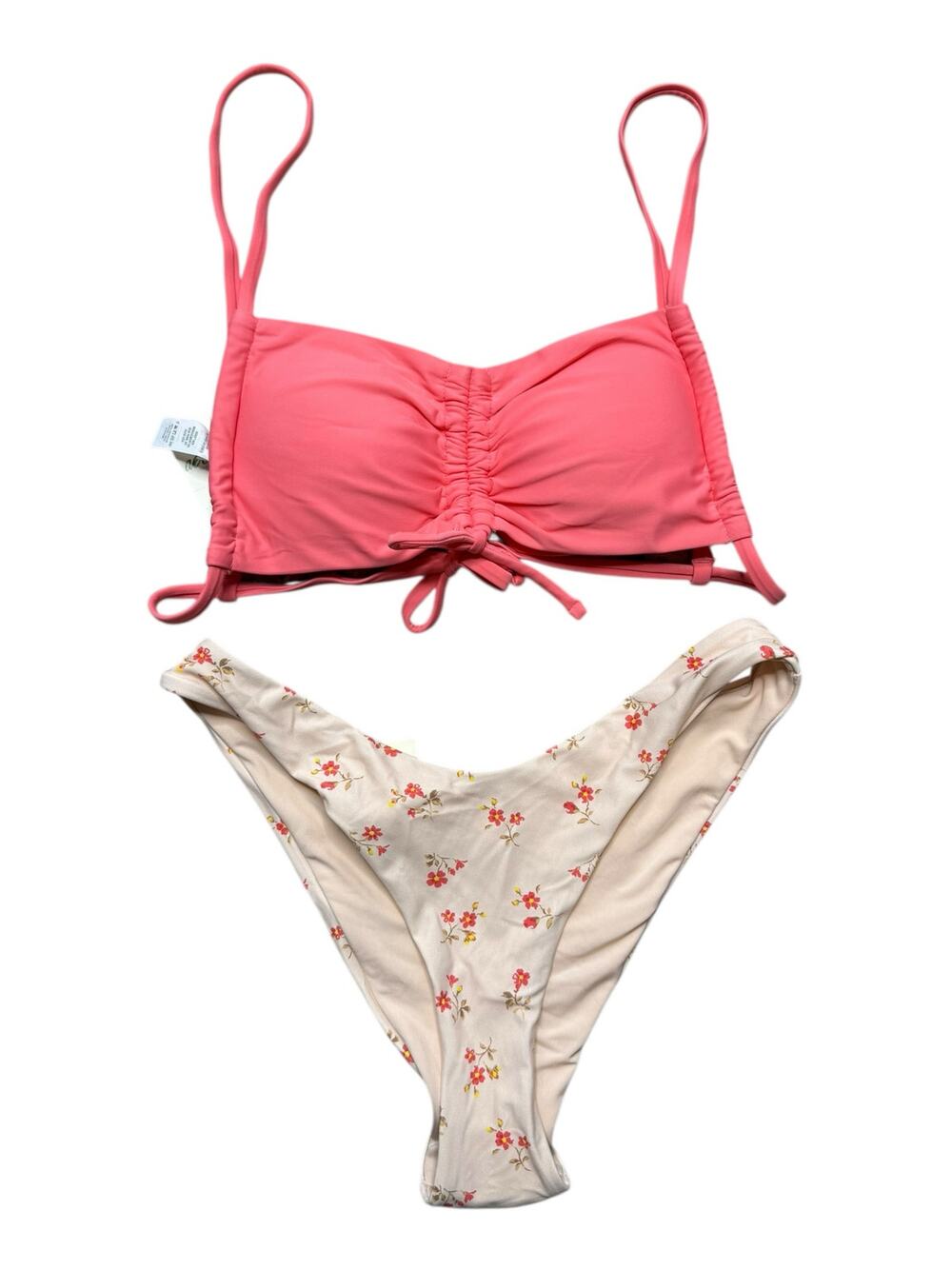 Aerie Two Piece Swimsuit Bikini Bandeau Top Cheeky Bottoms Ditsy Floral Pink S